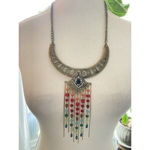 Boho Bib Necklace Statement Collar Multicolor Bead Fringe Gold Tone Rainbow